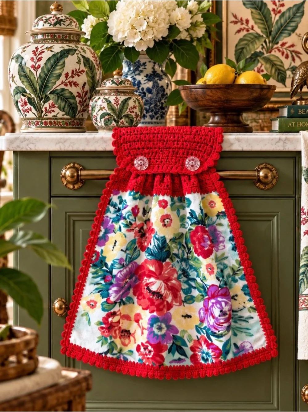 Pioneer Woman Floral Red Crochet Hanging Kitchen Towel